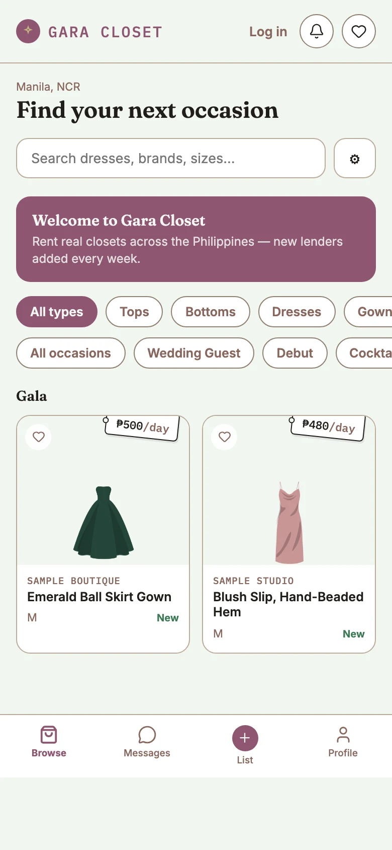 The Gara Closet browse screen filtered to Gala, showing two gowns with their daily prices.