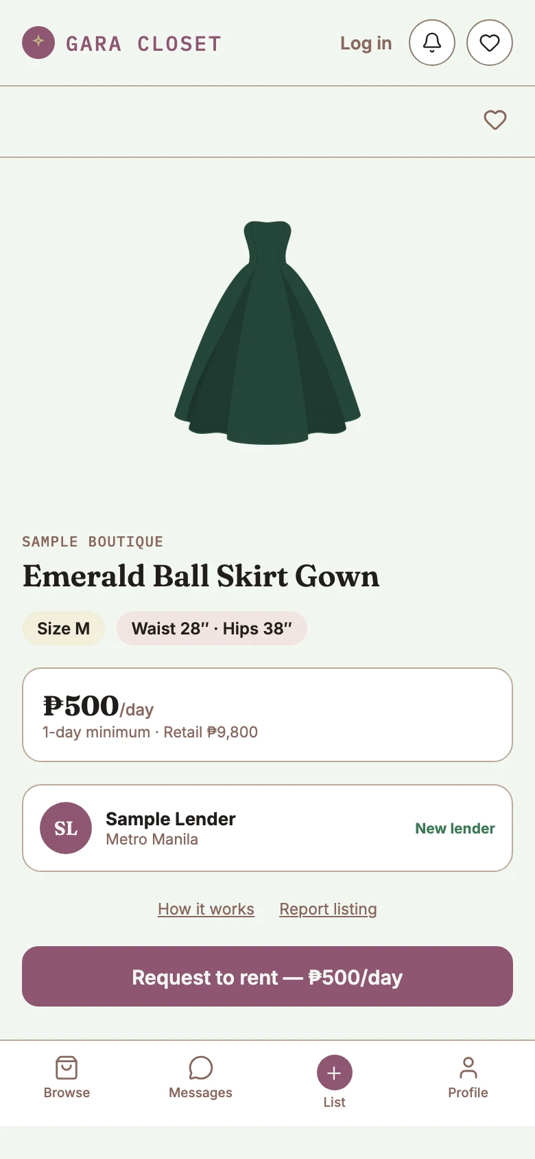 A Gara Closet listing for an emerald ball skirt gown, with size, price and a Request to rent button.